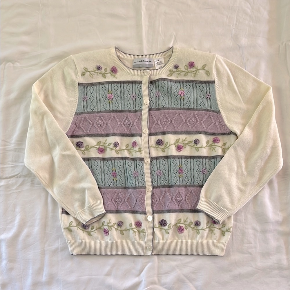 Alfred Dunner Cream and Purple Floral Cardigan, cute cardigan, cotton, size PL